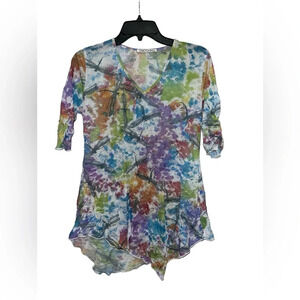 Sno Skins Pastel Half Sleeve Crinkle Top Size Medium V Neck Asymmetrical Bottom